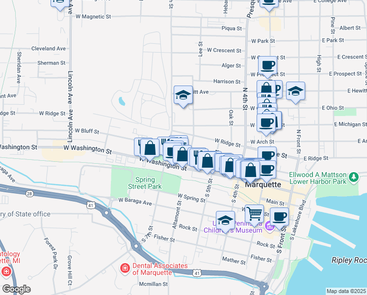 map of restaurants, bars, coffee shops, grocery stores, and more near 516 West Bluff Street in Marquette
