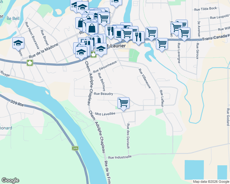 map of restaurants, bars, coffee shops, grocery stores, and more near 465 Rue Beaudry in Mont-Laurier