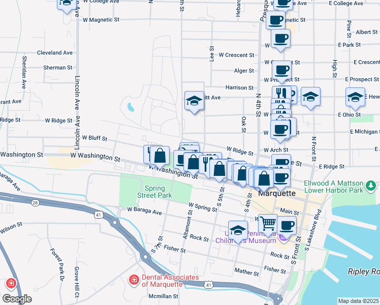 map of restaurants, bars, coffee shops, grocery stores, and more near 501-599 West Ridge Street in Marquette