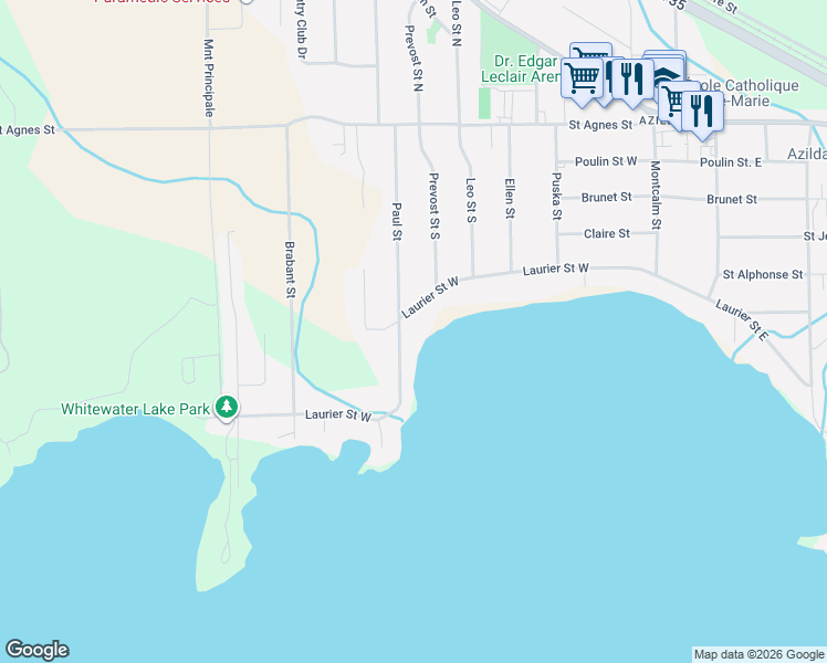 map of restaurants, bars, coffee shops, grocery stores, and more near 263 Laurier Street West in Greater Sudbury