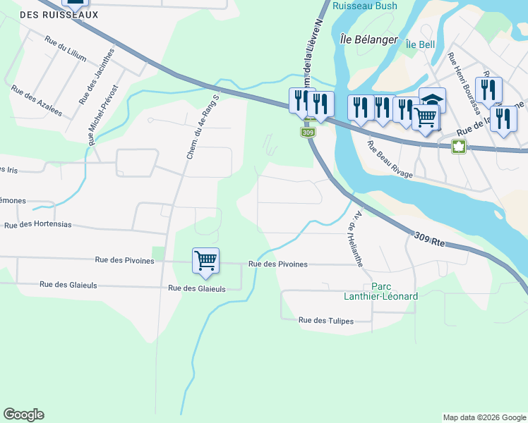 map of restaurants, bars, coffee shops, grocery stores, and more near 251 Avenue Des Oeillets in Mont-Laurier