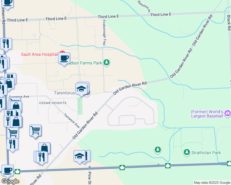 map of restaurants, bars, coffee shops, grocery stores, and more near Old Garden River Road & Windsor Trail in Sault Ste. Marie