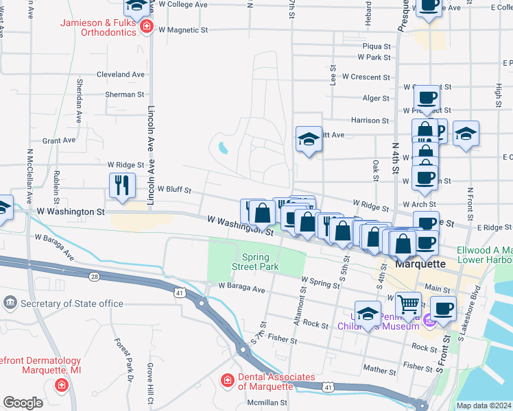 map of restaurants, bars, coffee shops, grocery stores, and more near 601 West Bluff Street in Marquette