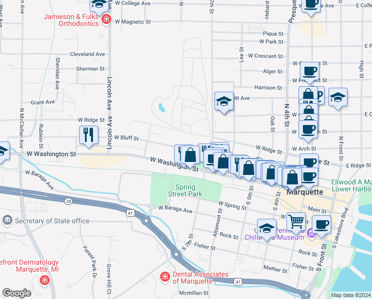 map of restaurants, bars, coffee shops, grocery stores, and more near West Bluff Street in Marquette