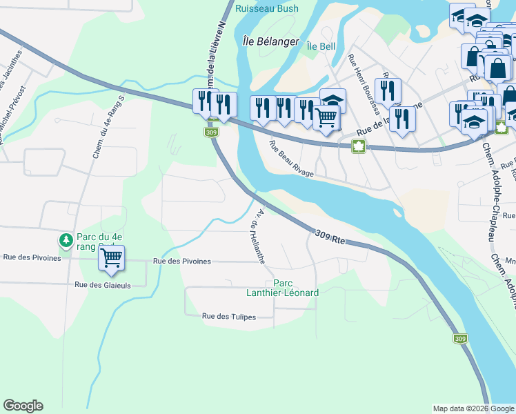 map of restaurants, bars, coffee shops, grocery stores, and more near 2481 Chemin de la Lièvre Sud in Mont-Laurier