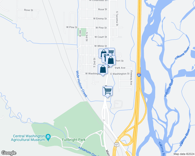 map of restaurants, bars, coffee shops, grocery stores, and more near 106 West Washington Street in Union Gap