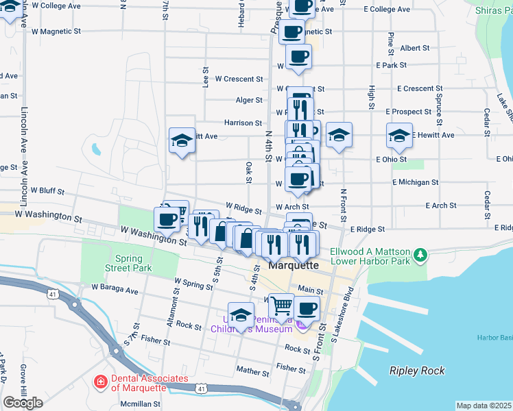 map of restaurants, bars, coffee shops, grocery stores, and more near 415 North 4th Street in Marquette