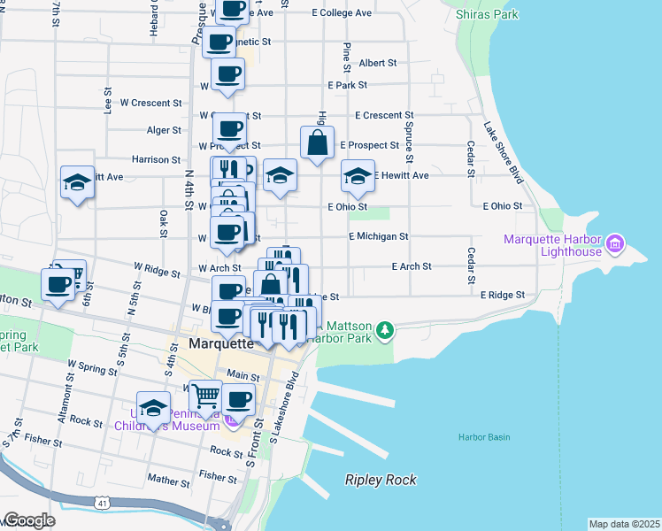 map of restaurants, bars, coffee shops, grocery stores, and more near 209 East Arch Street in Marquette
