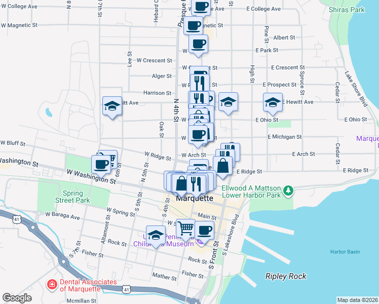 map of restaurants, bars, coffee shops, grocery stores, and more near 224 West Arch Street in Marquette