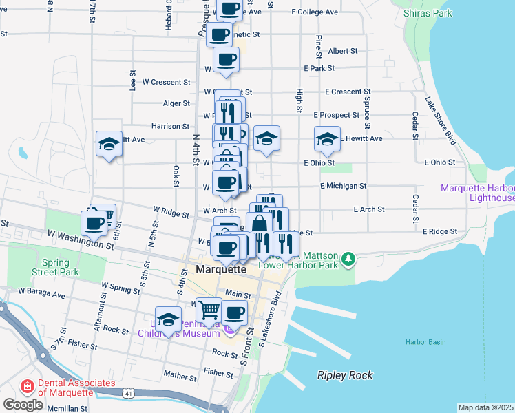 map of restaurants, bars, coffee shops, grocery stores, and more near 112 West Arch Street in Marquette
