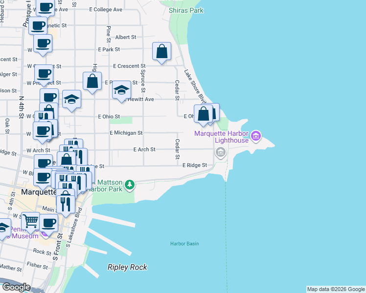 map of restaurants, bars, coffee shops, grocery stores, and more near 515 East Arch Street in Marquette