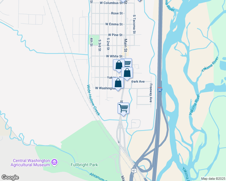map of restaurants, bars, coffee shops, grocery stores, and more near 106 West Washington Street in Union Gap