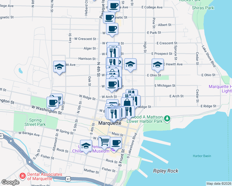 map of restaurants, bars, coffee shops, grocery stores, and more near 410 North 3rd Street in Marquette