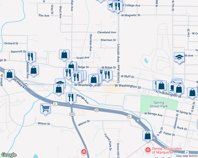 map of restaurants, bars, coffee shops, grocery stores, and more near 109 Garfield Avenue in Marquette