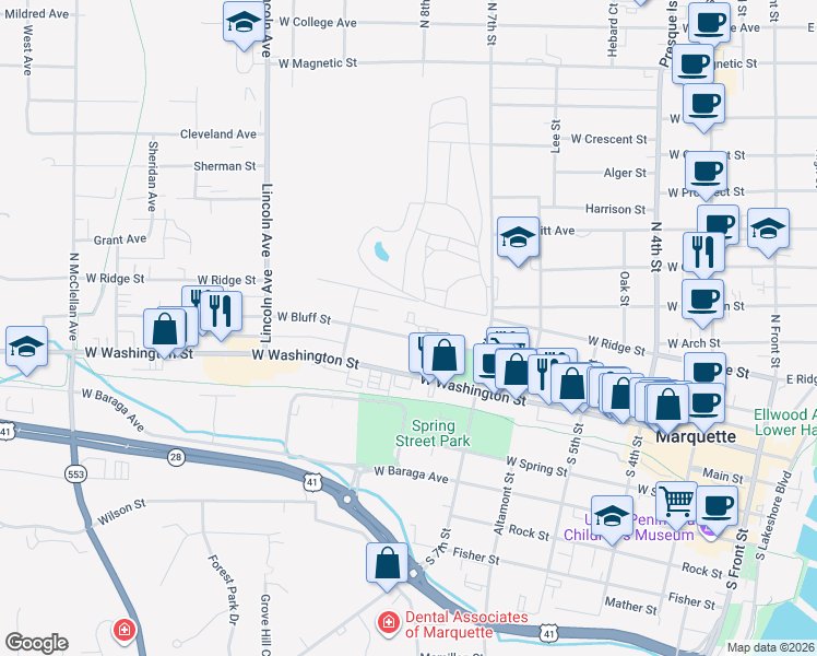 map of restaurants, bars, coffee shops, grocery stores, and more near 700 West Bluff Street in Marquette