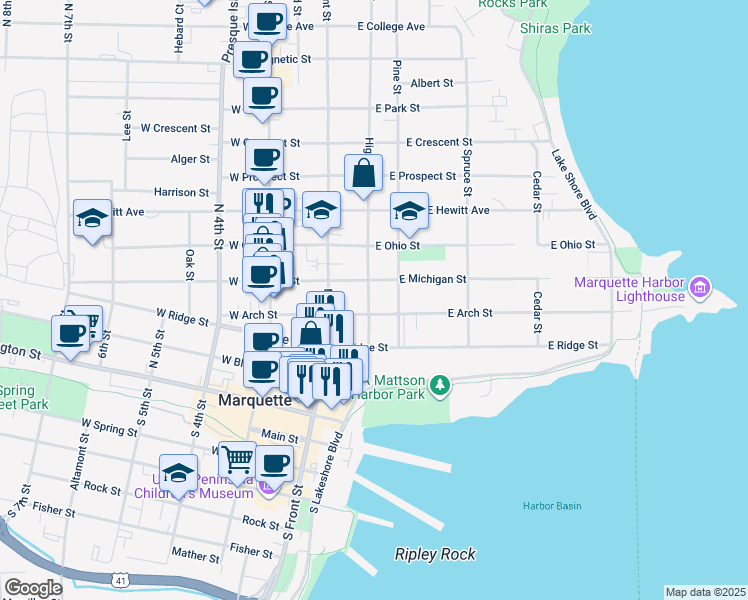 map of restaurants, bars, coffee shops, grocery stores, and more near 209 East Arch Street in Marquette