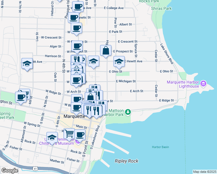 map of restaurants, bars, coffee shops, grocery stores, and more near 209 East Arch Street in Marquette