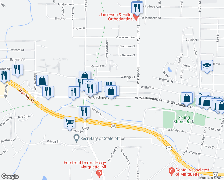 map of restaurants, bars, coffee shops, grocery stores, and more near 109 Garfield Avenue in Marquette