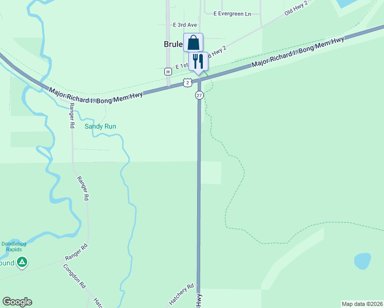 map of restaurants, bars, coffee shops, grocery stores, and more near 5977 Wisconsin 27 in Brule