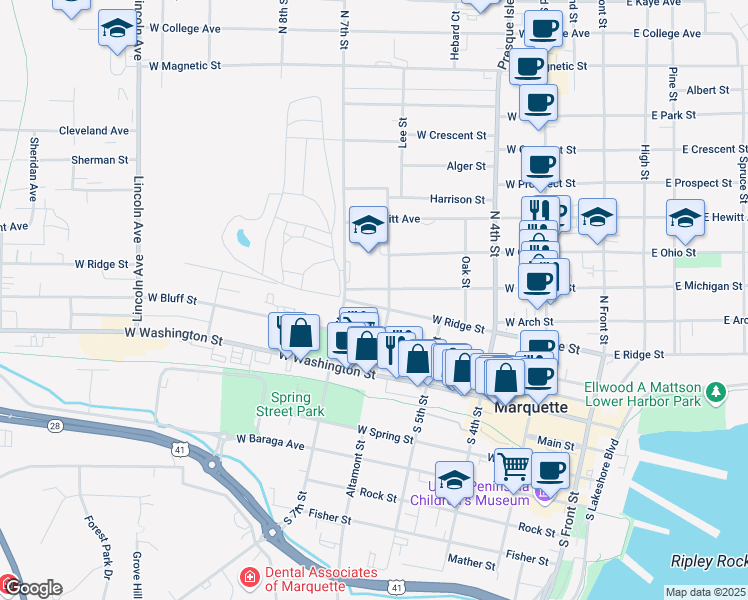 map of restaurants, bars, coffee shops, grocery stores, and more near 501-599 West Ridge Street in Marquette