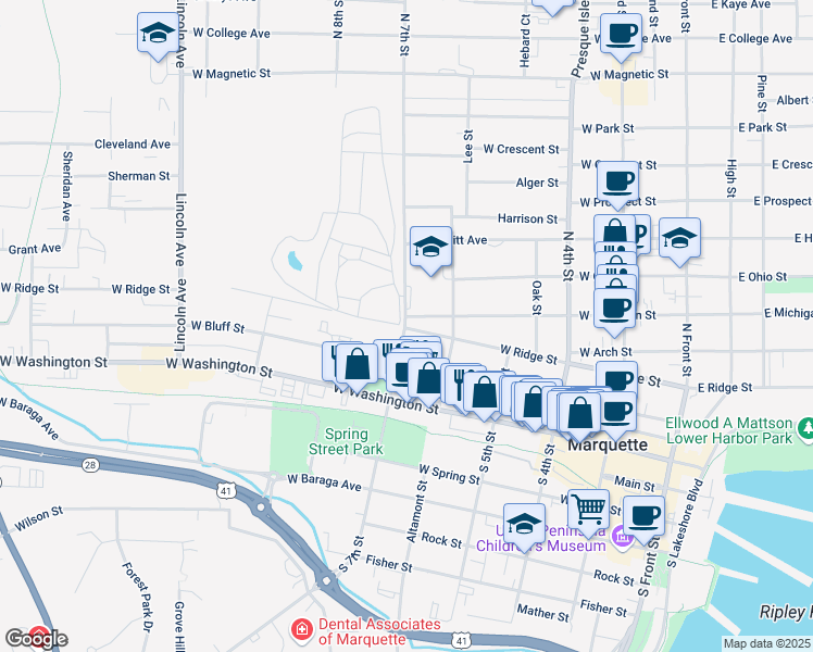 map of restaurants, bars, coffee shops, grocery stores, and more near 599 West Ridge Street in Marquette