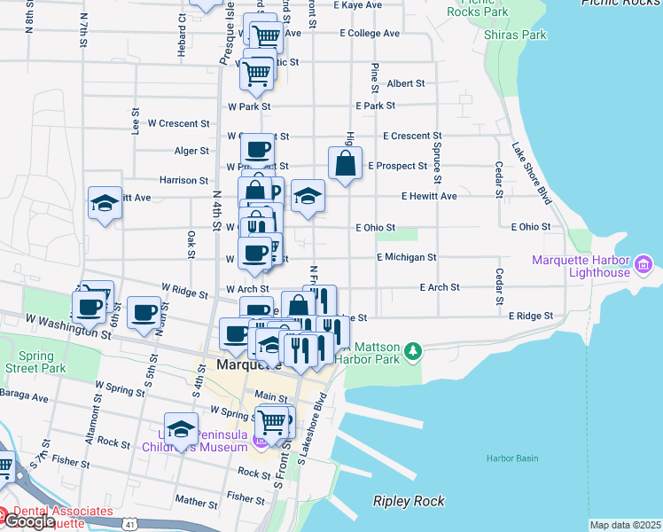 map of restaurants, bars, coffee shops, grocery stores, and more near 101-199 East Arch Street in Marquette