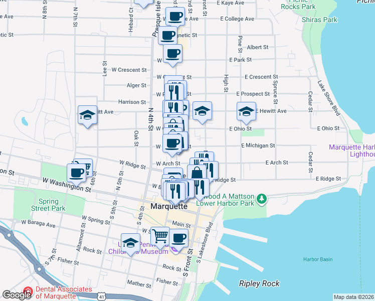 map of restaurants, bars, coffee shops, grocery stores, and more near 410 North 3rd Street in Marquette