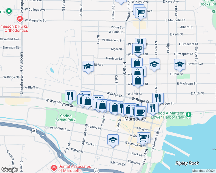 map of restaurants, bars, coffee shops, grocery stores, and more near 419 West Michigan Street in Marquette