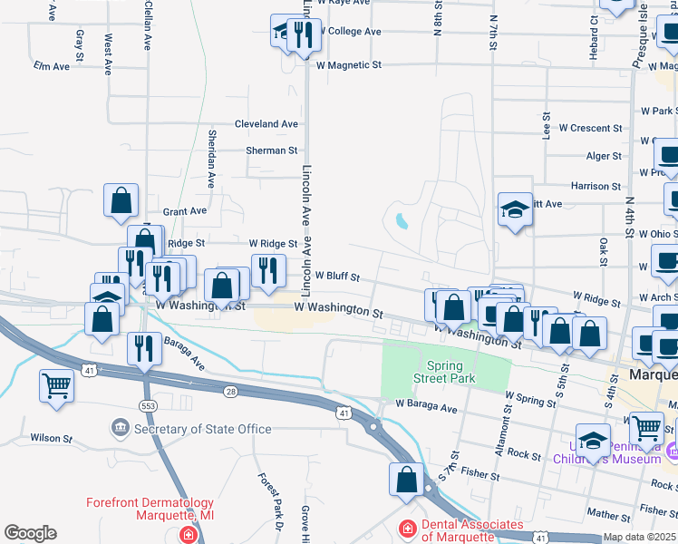 map of restaurants, bars, coffee shops, grocery stores, and more near 852 West Bluff Street in Marquette