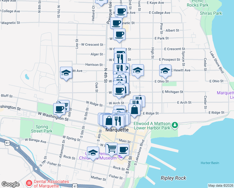 map of restaurants, bars, coffee shops, grocery stores, and more near 224 West Arch Street in Marquette