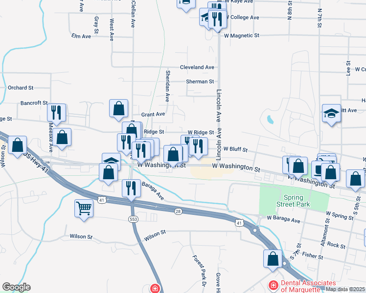 map of restaurants, bars, coffee shops, grocery stores, and more near 109 Garfield Avenue in Marquette