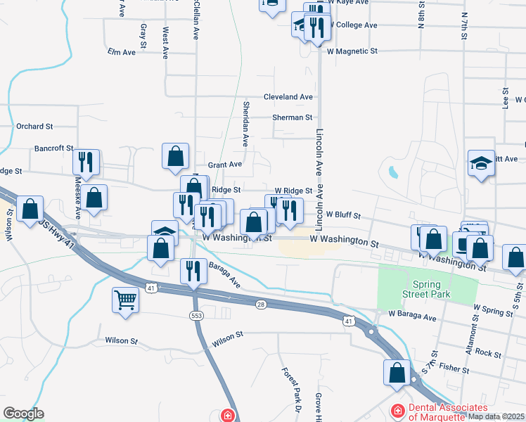 map of restaurants, bars, coffee shops, grocery stores, and more near 109 Garfield Avenue in Marquette