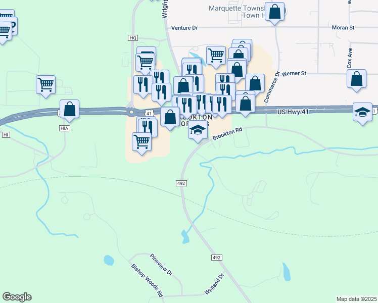 map of restaurants, bars, coffee shops, grocery stores, and more near 200 Lost Creek Drive in Marquette