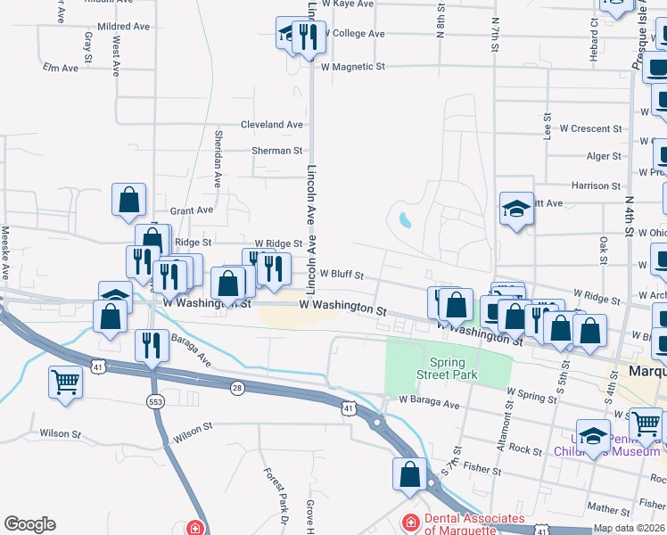 map of restaurants, bars, coffee shops, grocery stores, and more near 852 West Bluff Street in Marquette