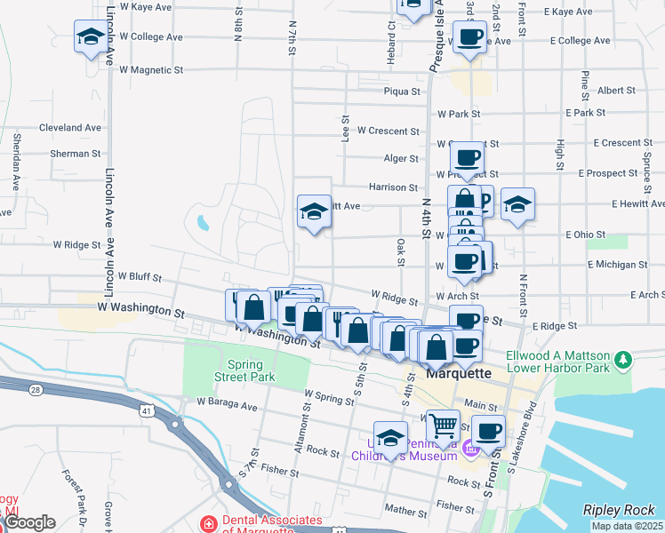 map of restaurants, bars, coffee shops, grocery stores, and more near 401 6th Street in Marquette