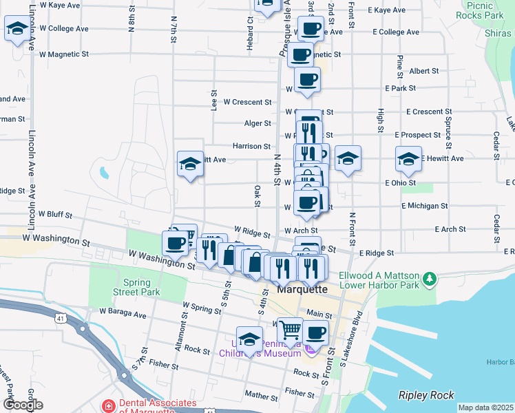 map of restaurants, bars, coffee shops, grocery stores, and more near West Michigan Street in Marquette