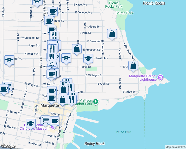 map of restaurants, bars, coffee shops, grocery stores, and more near 331 East Ohio Street in Marquette