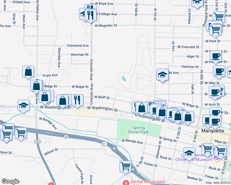 map of restaurants, bars, coffee shops, grocery stores, and more near 898 West Ridge Street in Marquette
