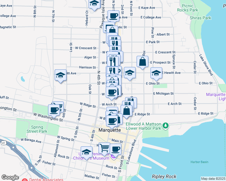 map of restaurants, bars, coffee shops, grocery stores, and more near 526 North 3rd Street in Marquette