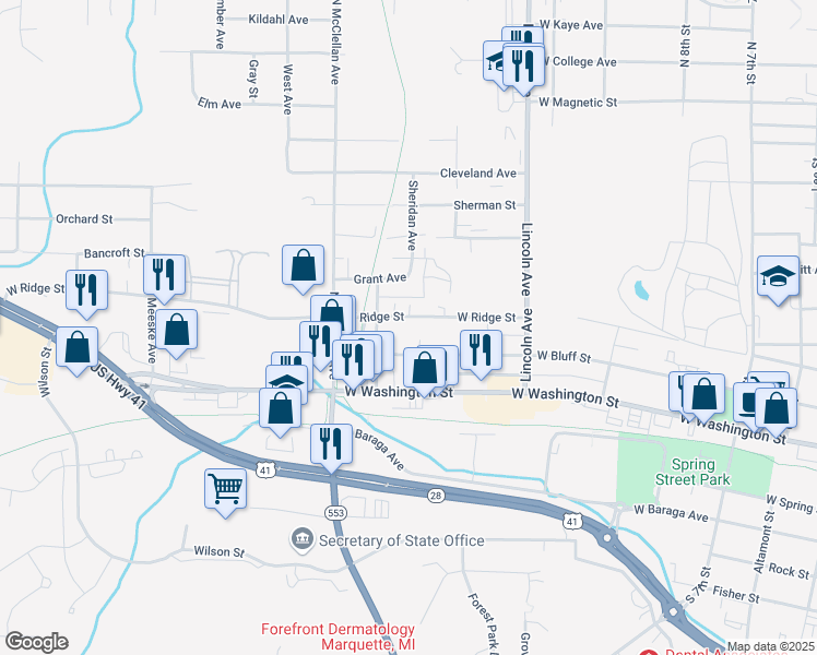 map of restaurants, bars, coffee shops, grocery stores, and more near 1007 West Ridge Street in Marquette