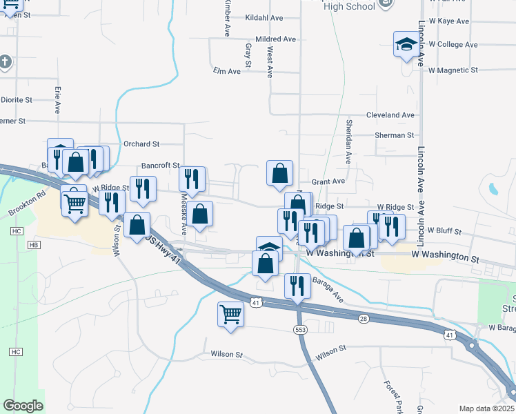 map of restaurants, bars, coffee shops, grocery stores, and more near 1506 West Ridge Street in Marquette