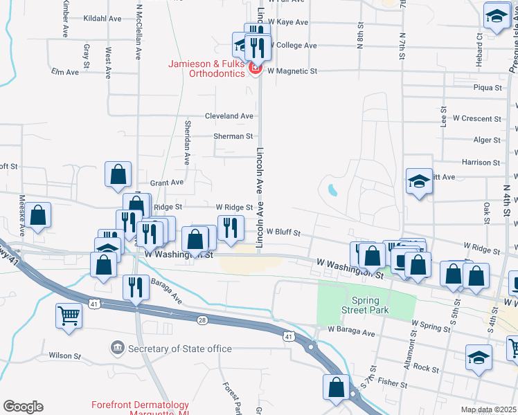map of restaurants, bars, coffee shops, grocery stores, and more near 903 West Ridge Street in Marquette