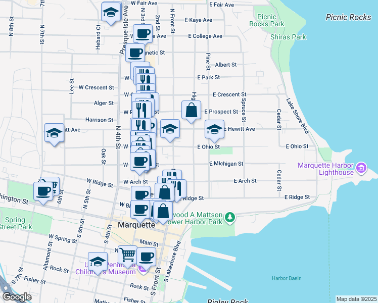 map of restaurants, bars, coffee shops, grocery stores, and more near 124 East Ohio Street in Marquette
