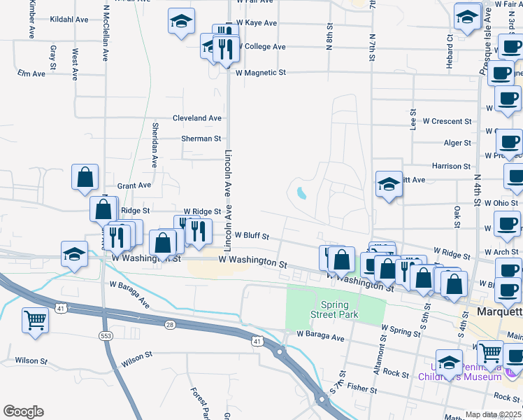 map of restaurants, bars, coffee shops, grocery stores, and more near 898 West Ridge Street in Marquette