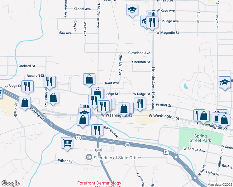 map of restaurants, bars, coffee shops, grocery stores, and more near 1064 West Ridge Street in Marquette