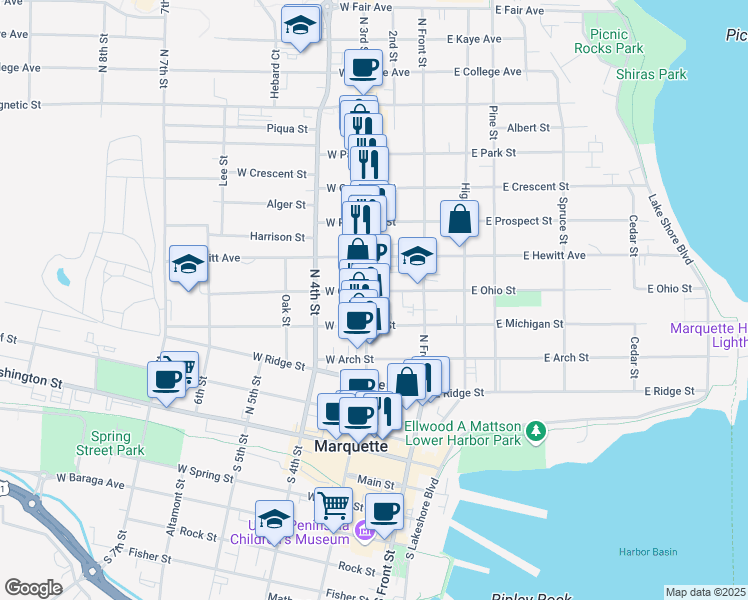 map of restaurants, bars, coffee shops, grocery stores, and more near 526 North 3rd Street in Marquette
