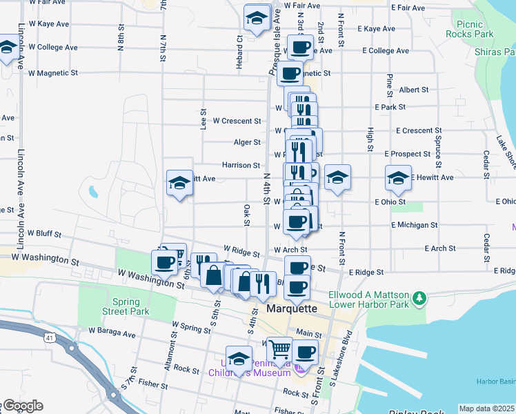 map of restaurants, bars, coffee shops, grocery stores, and more near 313 West Ohio Street in Marquette