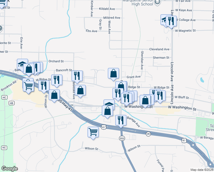 map of restaurants, bars, coffee shops, grocery stores, and more near 1440 West Ridge Street in Marquette