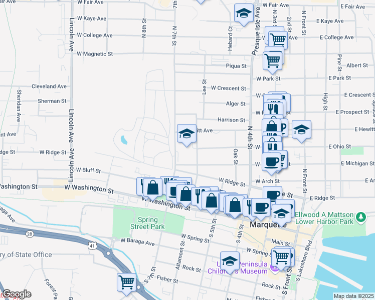 map of restaurants, bars, coffee shops, grocery stores, and more near 401 6th Street in Marquette