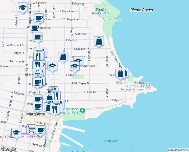 map of restaurants, bars, coffee shops, grocery stores, and more near 434 East Ohio Street in Marquette